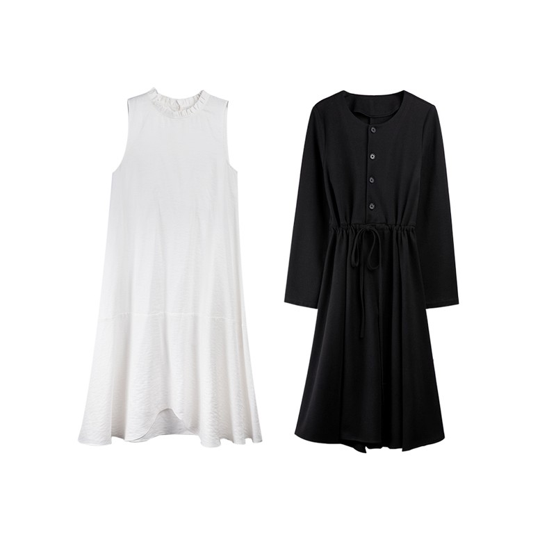 (HÀNG SẴN) Váy/đầm dài tay thu đông  xòe dài phối tầng 2 lớp đen trắng style nữ thần retro kiểu Pháp