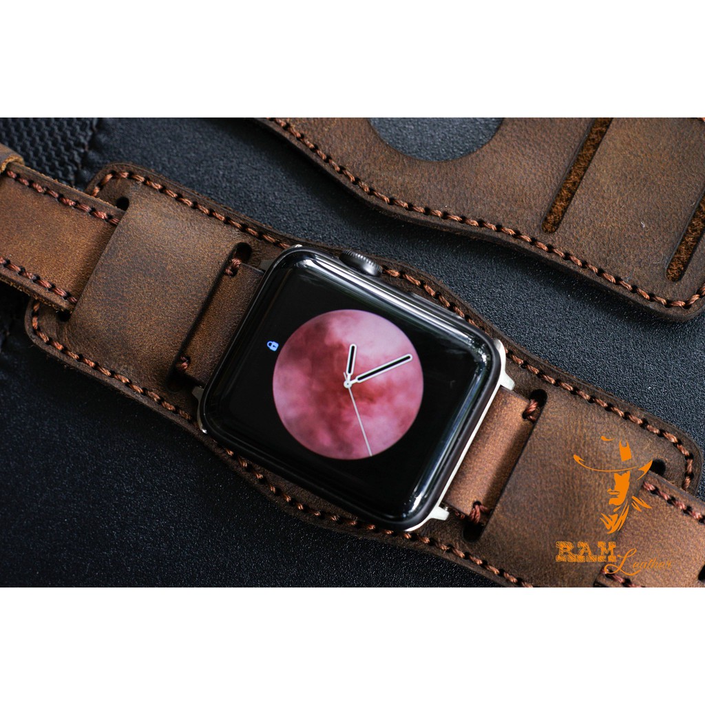 Dây apple watch da bò nâu đất kèm bundstrap chống mồ hôi RAM Leather b2 - tặng khóa chốt và adapter