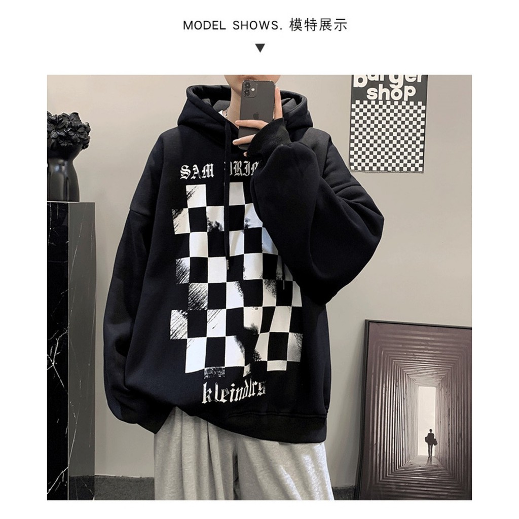 Áo hoodie,Áo nỉ  in hình caro trước ngực cực hot 2021 phom rộng phong cách Hàn Quốc | BigBuy360 - bigbuy360.vn