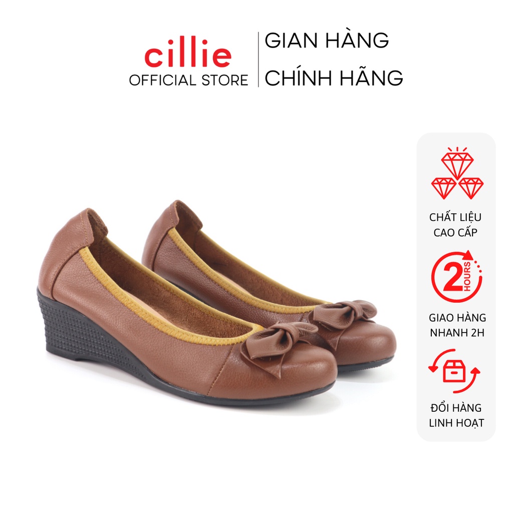 Giày búp bê đế xuồng mũi tròn phối nơ da thật êm chân cao 5cm mang công sở đi làm dạo phố Cillie 1180