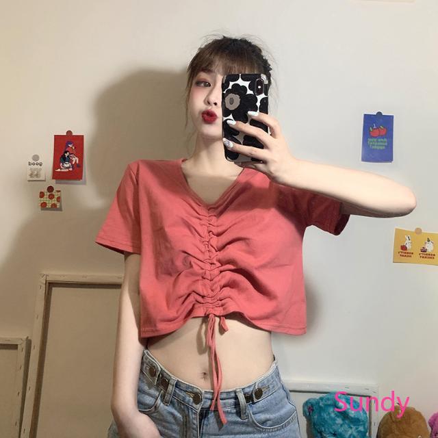 Áo Croptop Dáng Rộng Cổ Chữ V Màu Trơn Phối Dây Rút Kiểu Hàn Quốc Cho Nữ