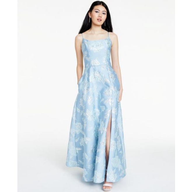 Floral embroidered jacquard prom dress vnxk đầm dạ hội xẻ tà thêu hoa gấm nổi màu xanh tiệc cưới cô dâu xuất khẩu dư xịn