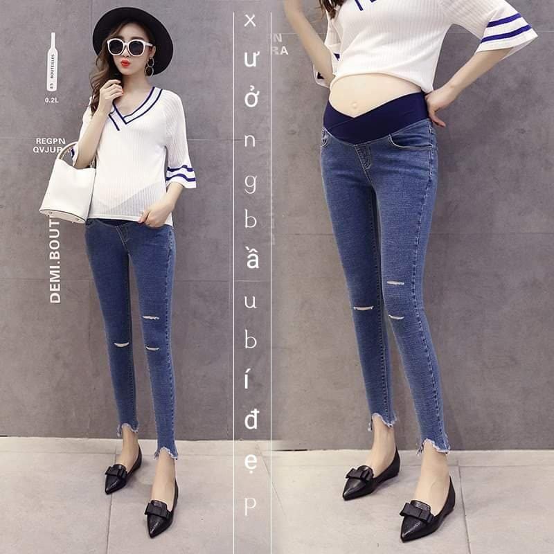 Quần bầu jean thật rách gối xì teen năng động siêu xinh co dãn tốt (kèm ảnh thật)