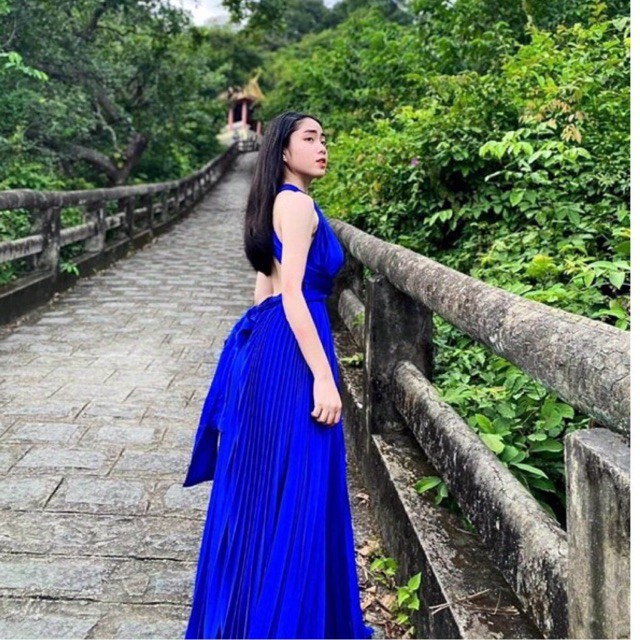 ( ảnh thật) Đầm maxi xanh dập ly chéo lưng, váy đầm maxi