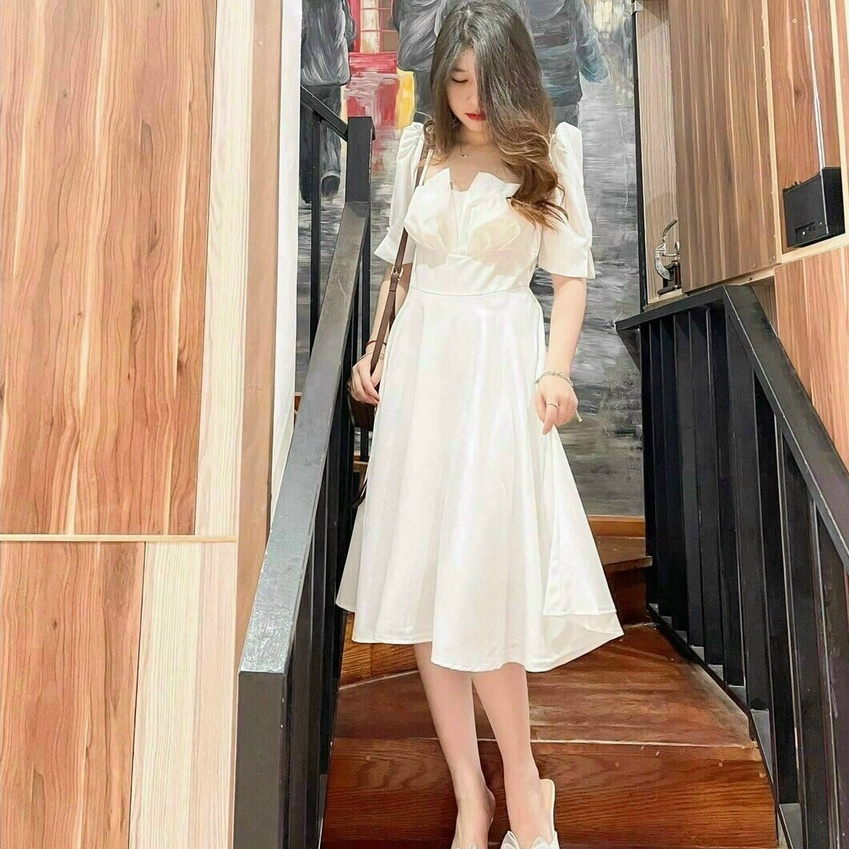 Đầm xoè màu trắng dự tiệc ngực xếp ly siêu xinh