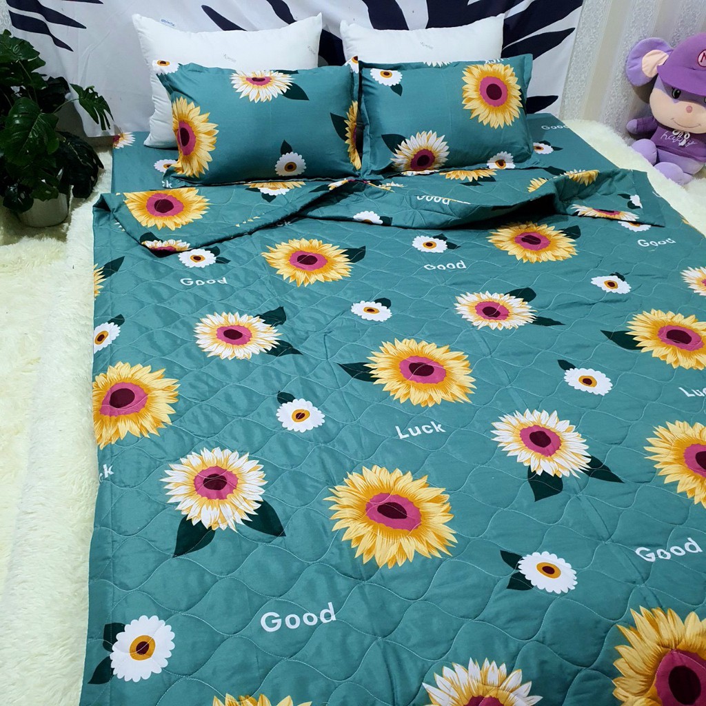 SET 4 MÓN CHĂN HÈ TRẦN BÔNG KÈM GA GỐI COTTON POLY THOÁNG MÁT, KHÔNG BÍ LƯNG MẪU HƯỚNG DƯƠNG XANH