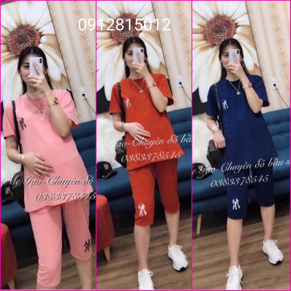 Shop Bầu Xinh Bộ bầu lửng sau sinh vén chéo cho con bú, chất cotton mềm mịn cho mẹ bầu mặc nhà freesize 42-70kg - HT-Kid