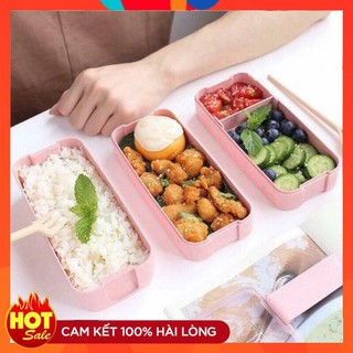 Hộp cơm lúa mạch 3 tầng tiện lợi tặng kèm muỗng