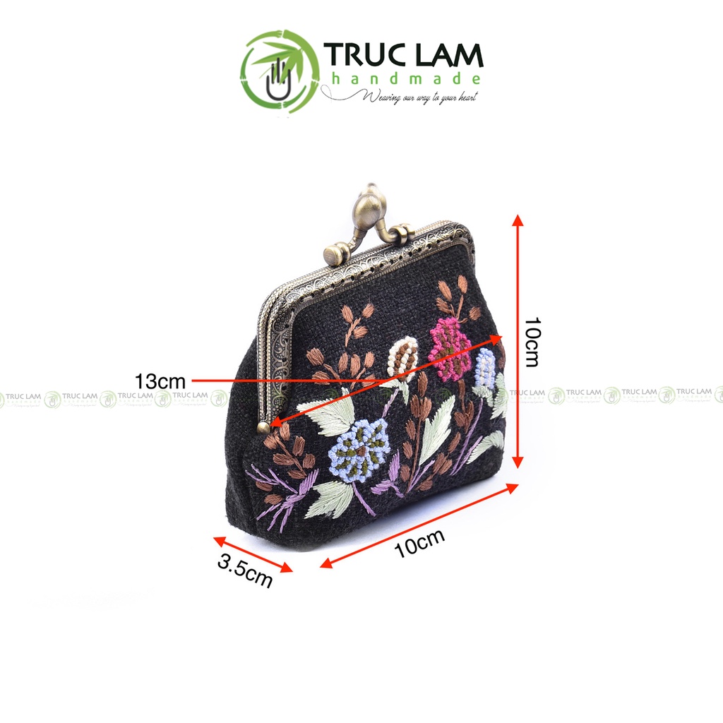 Ví Xu Cầm Tay Mini Khóa Nẹp Đồng Vải Gai Thêu Tay Họa Tiết Hoa Cỏ - Trúc Lâm Handmade