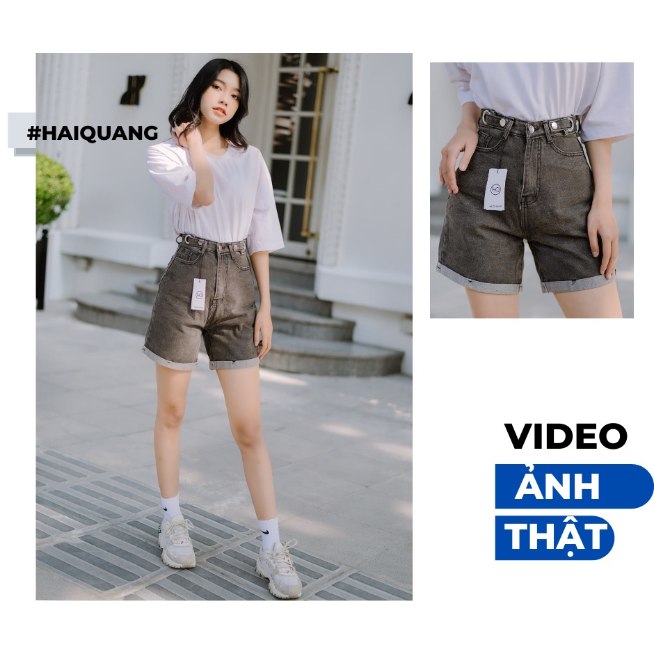 Quần short nữ haiquang Quần short jean nữ cạp cao màu xám đai khuyên -Mã Short HQ02