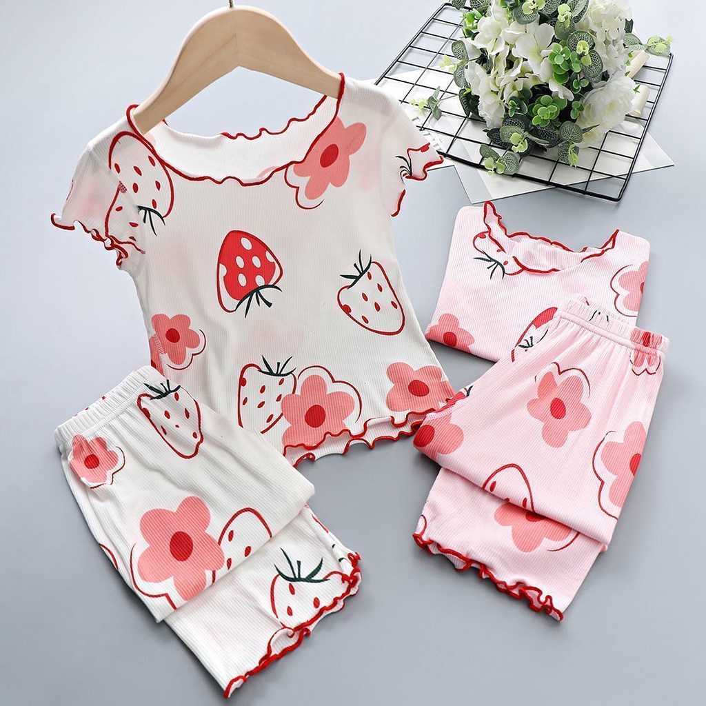 Bộ Đồ Ngủ Tay Ngắn Vải Lụa Lạnh Mỏng Thời Trang Mùa Hè Dành Cho Bé Gái