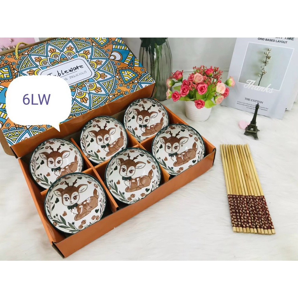 BỘ 6 CHÉN + 6 ĐÔI ĐŨA HÌNH HỌA TIẾT + HÌNH CÁC LOẠI THÚ SIÊU DỄ THƯƠNG (giao mẫu ngẫu nhiên)