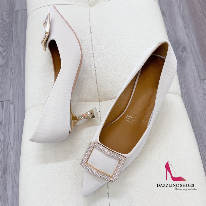 Giày Cao Gót Nữ Mũi Nhọn Charm Đá Cao Cấp, Giày Cao Gót Nữ Đế Mảnh Cao 6P, Chất Liệu Da Cao Cấp, Đi Êm Chân - DA719