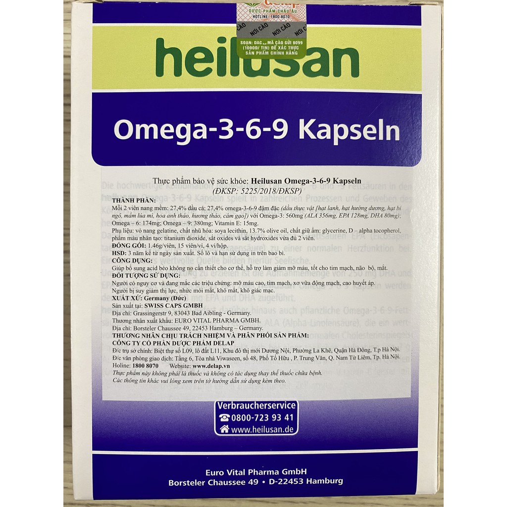 Heilusan Omega 369 Kapseln.Bổ Sung DHA,EPA Vitamin E Giúp Phát Triển Não Bộ,Tim Mạch
