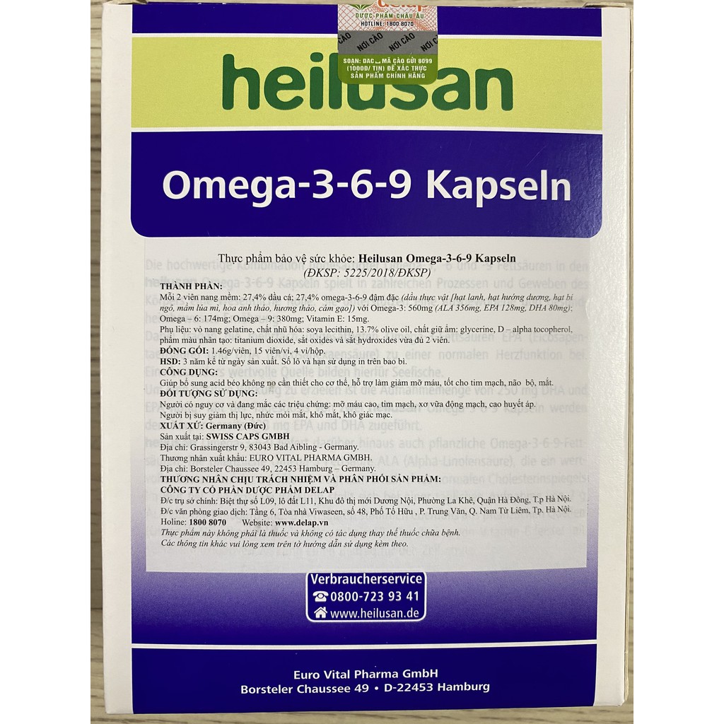 Heilusan Omega 369 Kapseln.Bổ Sung DHA,EPA Vitamin E Giúp Phát Triển Não Bộ,Tim Mạch