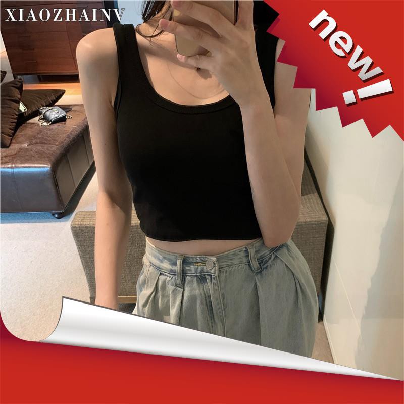 Xiaozhainv Áo crop top không tay phong cách Hàn Quốc đơn giản thời trang