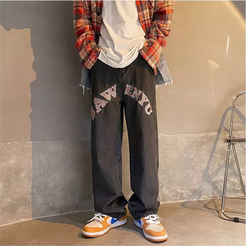 Quần Jean Ống Rộng Dáng Suông, Thời Trang Unisex Phong Cách Hàn Quốc, Thêu Chữ Nổi