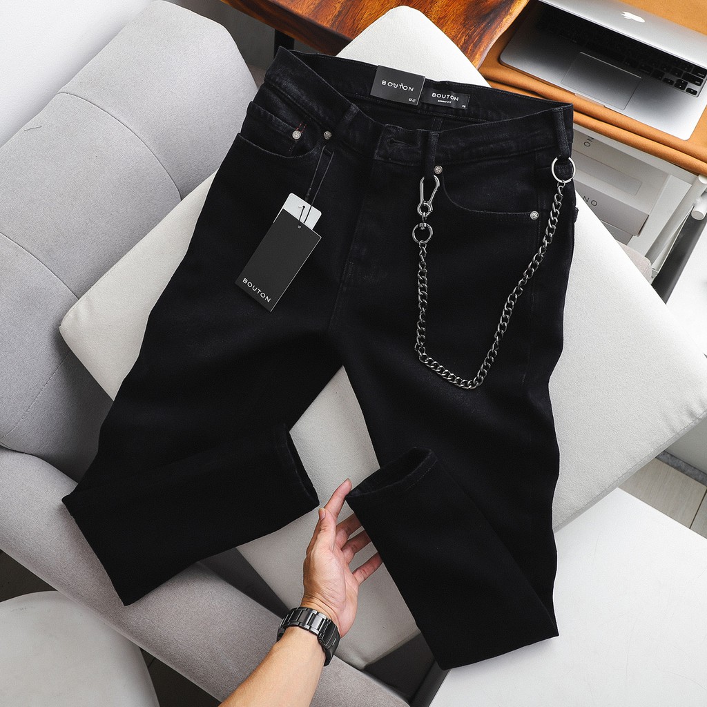 [Voucher Giảm 20k] Quần Jean Nam, Quần Bò Nam BOUTON Màu Đen Trơn, Form Skinny Phối Dây Xích, Co Giãn QJEC0004 160STORE. | BigBuy360 - bigbuy360.vn
