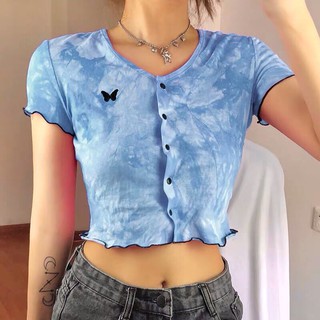 ÁO CROPTOP NGẮN TAY MÀU LOANG IN HÌNH BƯỚM