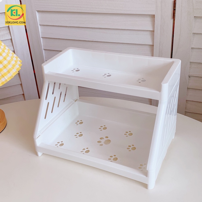 Kệ giá mini 2 tầng chân mèo để bàn cute đựng sách vở, decor văn phòng phẩm K38 tiện ích