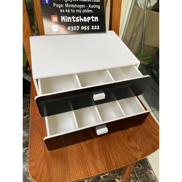 tủ chia tiền lẻ thu ngân 2 tầng màu trắng nắp đen , tủ mini đựng kính mắt phụ kiên và mỹ phẩm đa năng
