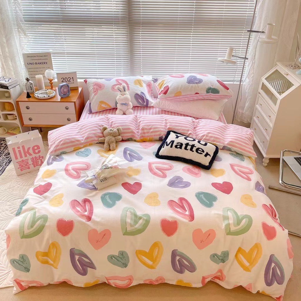 Bộ chăn ga gối Cotton poly Decor Bedding Tim mộng mơ, vỏ chăn mền, drap nệm và 2 vỏ gối