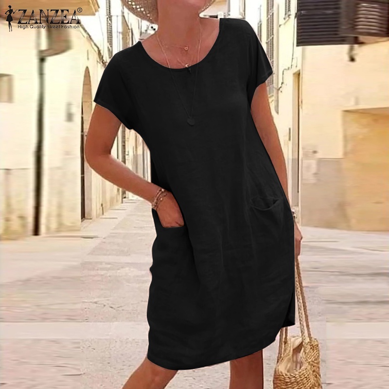 Đầm midi ZANZEA bằng cotton ngắn tay cổ tròn màu trơn thời trang cho nữ