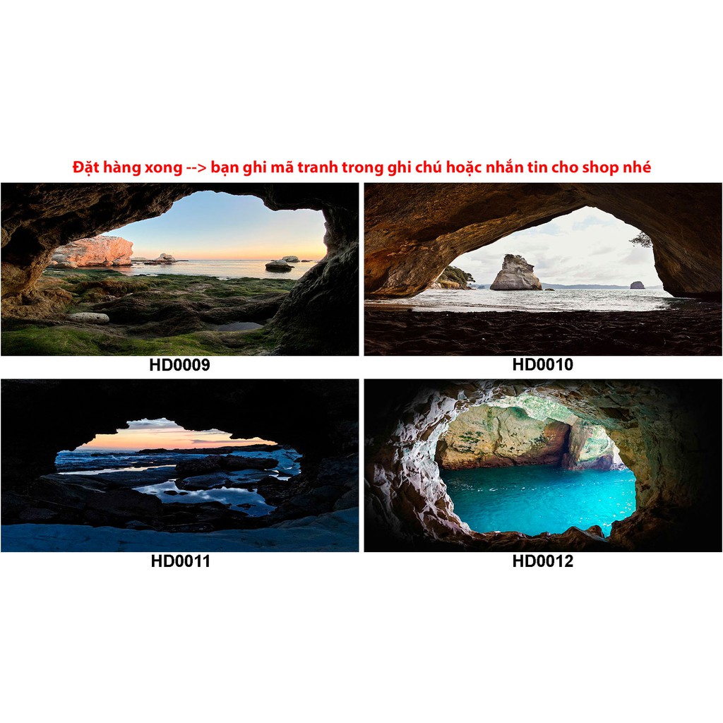 tranh hồ cá HD mẫu hang động nhìn ra biển có keo sẵn
