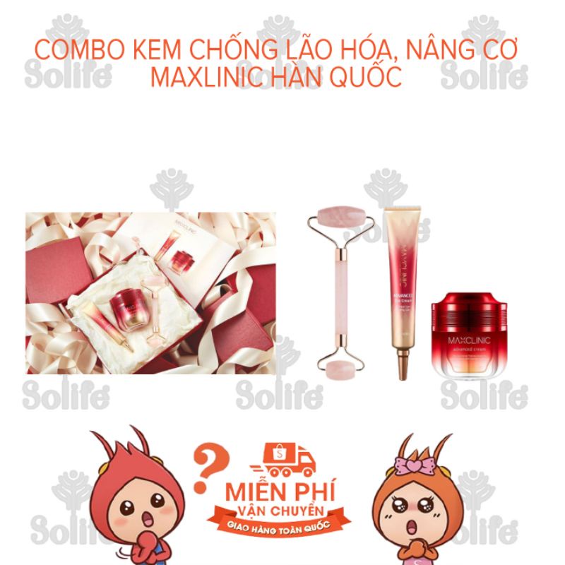 Bộ Kem Dưỡng Da Mặt Căng Bóng, Nâng Cơ Chống Lão Hóa, Serum Chống Thâm Vùng Mắt MaxClinic (Tặng Thanh Lăn Đá)