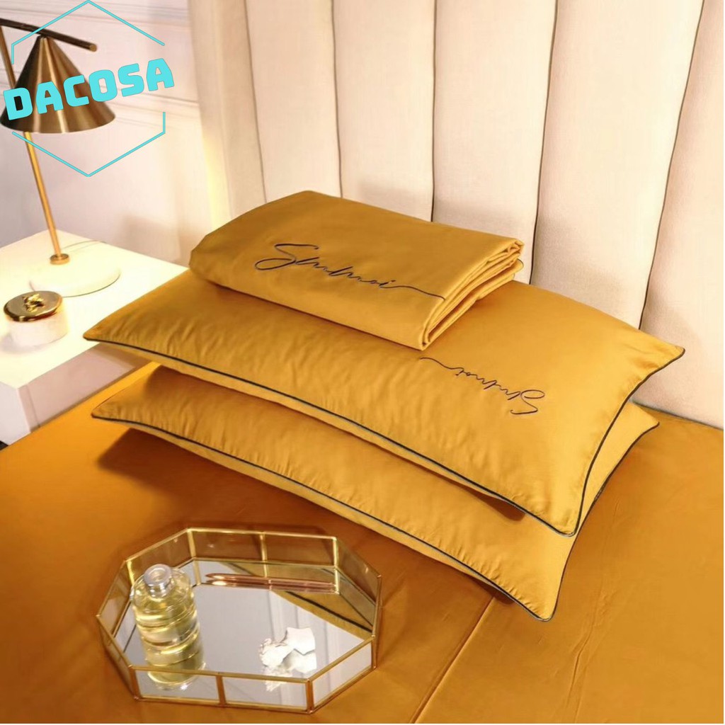 [Giá Sỉ] Bộ Chăn Ga Gối LỤA SUMOI 60S Màu Vàng Cao Cấp Khách Sạn