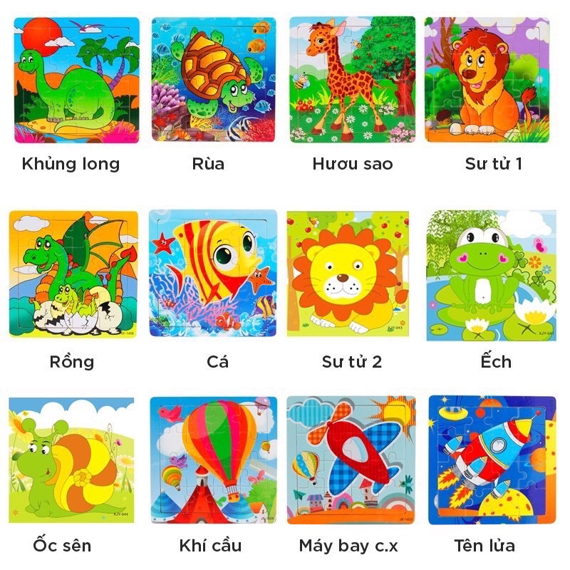 Combo 3 tranh ghép hình gỗ 16 mảnh - đồ chơi xếp hình, lắp ráp puzzle 16 miếng bằng gỗ 15x15cm nhiều chủ đề cho bé yêu