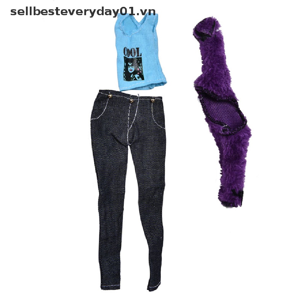 Set đồ 3 mảnh gồm áo sát nách áo khoác lông màu tím và quần dài trang trí cho búp bê Barbie