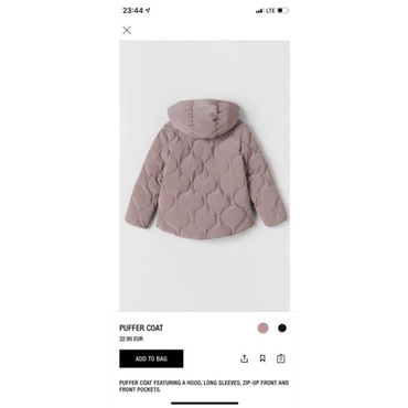 Áo phao cho bé, áo khoác phao ZARA cho bé gái siêu ấm