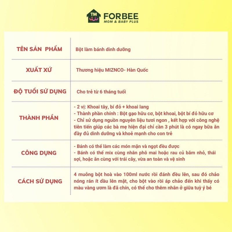 Bột làm bánh dinh dưỡng MIZNCO Dành cho trẻ từ 15 tháng tuổi - FORBEE