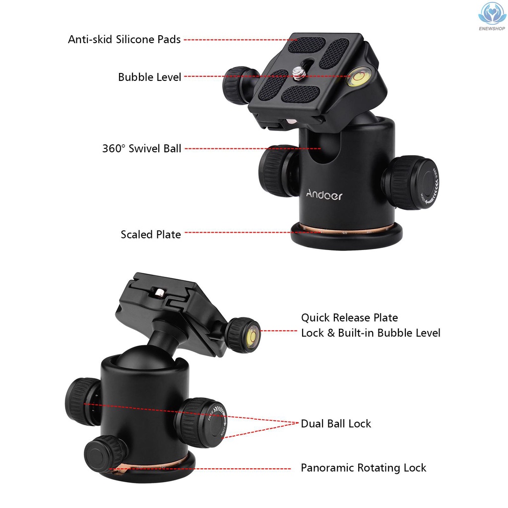 【enew】Andoer Aluminum Camera Panoramic Damper Ball Head Tripod Head 10KG Payload 360° Swivel 90° Flip with Quick Release Plate Scaled Plate Dual Bubble Level Universal 1/4in 3/8in Mounting