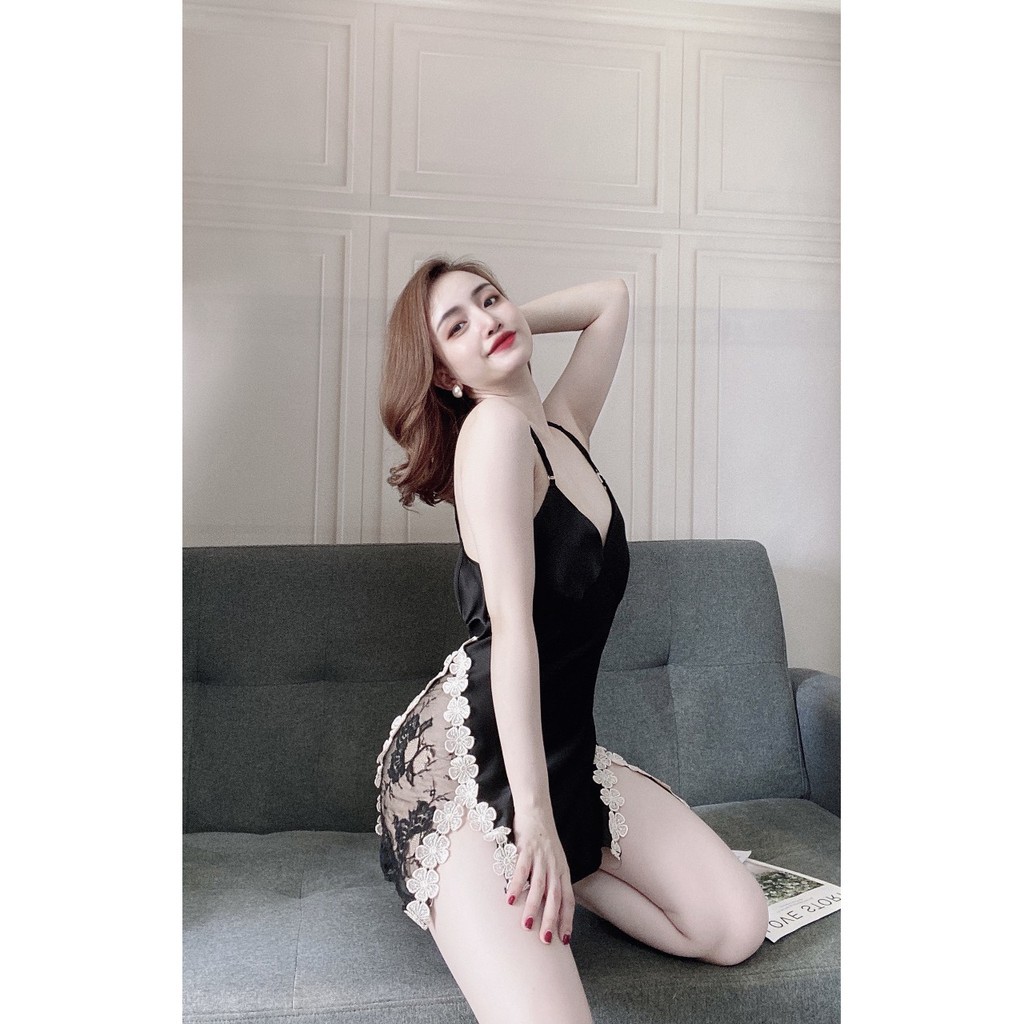 Váy Ngủ Sexy, Đầm Ngủ 2 Dây Kèm Quần ( Có Mút Ngực ) Chất Lụa Satin Phối Ren Hông Sexy Quyến Rủ, Gợi Cảm. | BigBuy360 - bigbuy360.vn