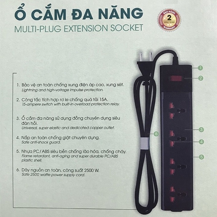 Ổ cắm điện đa năng tích hợp mạch chống sung sét công suất chịu tải 2500w Rạng Đông