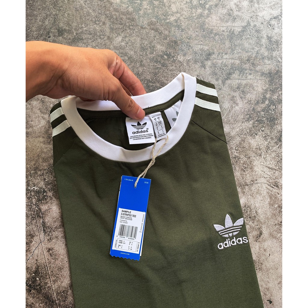 (HÀNG XUẤT XỊN) Áo das 3 sọc 271 CLFN 3-STRIPES TEE KHAKI GREEN Made in Cambodia full tag code  Size XS S M L