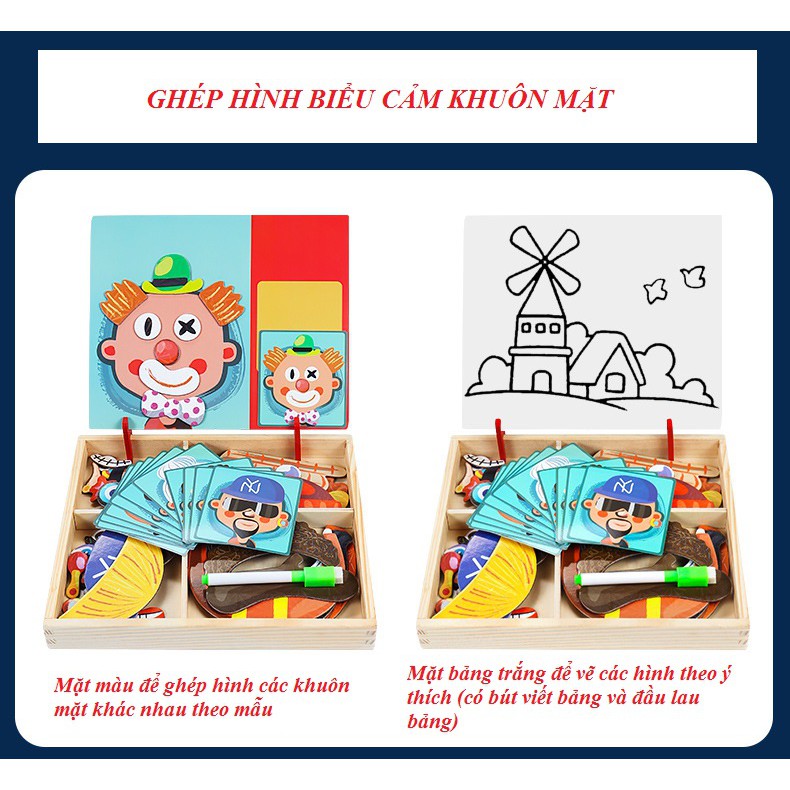 Bảng Ghép Nam Châm Bằng Gỗ 2 Mặt Cho Bé Chủ Đề Giao Thông - Khuôn Mặt