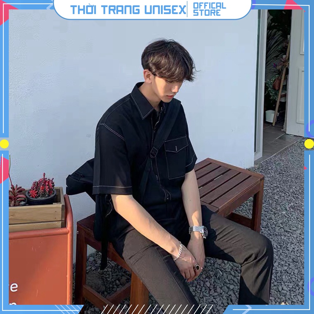 Áo Sơ Mi Nam Tay Lỡ Viền Chỉ Nổi Phong Cách Unisex 2 màu Đen Trắng 🔥 🔥🔥