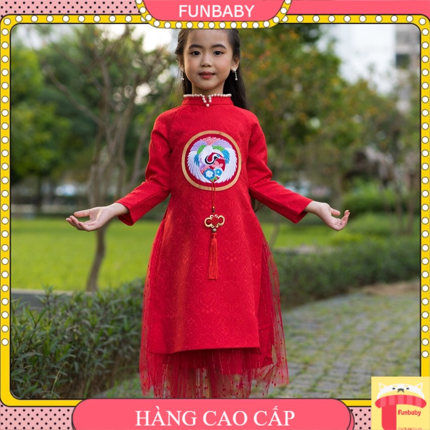 Áo dài cách tân cho bé gái 2-12 tuổi, Set áo dài tết trẻ em vải gấm Hàn đỏ thêu đáp chim hạc đào hàng cao cấp