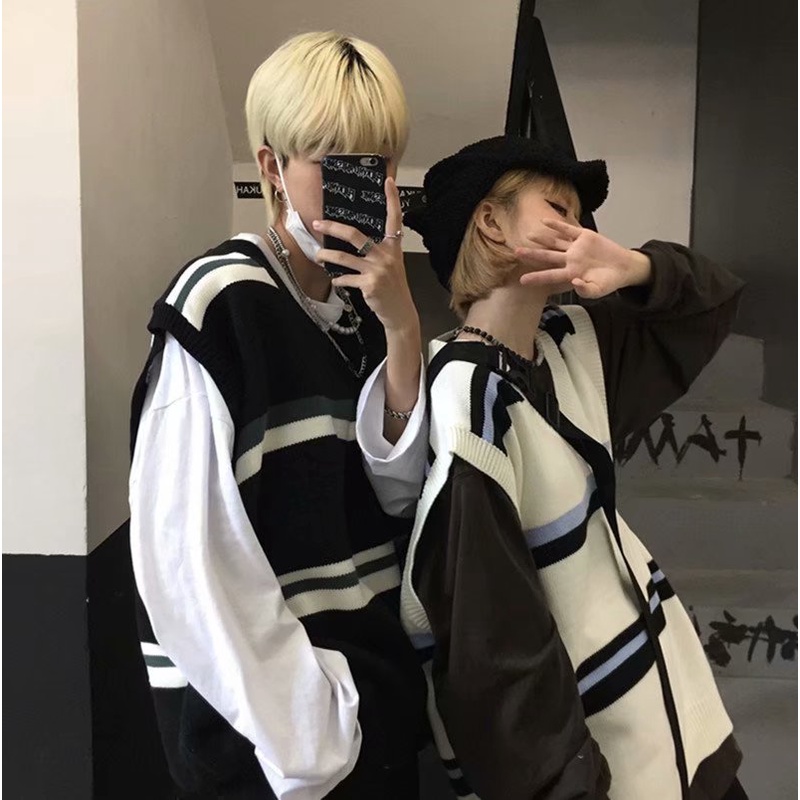 Áo Sweater dệt kim không tay cổ chữ V dáng rộng phong cách Retro Hàn Quốc thời trang cho nam và nữ