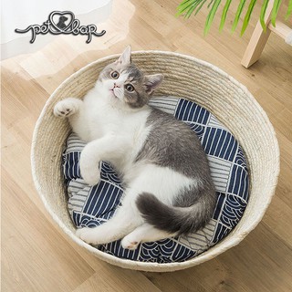 Nhà cho thú cưng đan mây tự nhiên kèm đệm xinh xắn. Ổ nằm êm ái cho chó mèo kết hợp decor phong cách Nhật