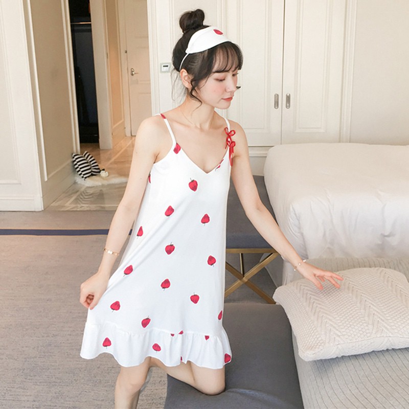Đầm ngủ pijama nữ cổ chữ V in hình trái cây gợi cảm kèm bịt mắt ngủ tiện lợi