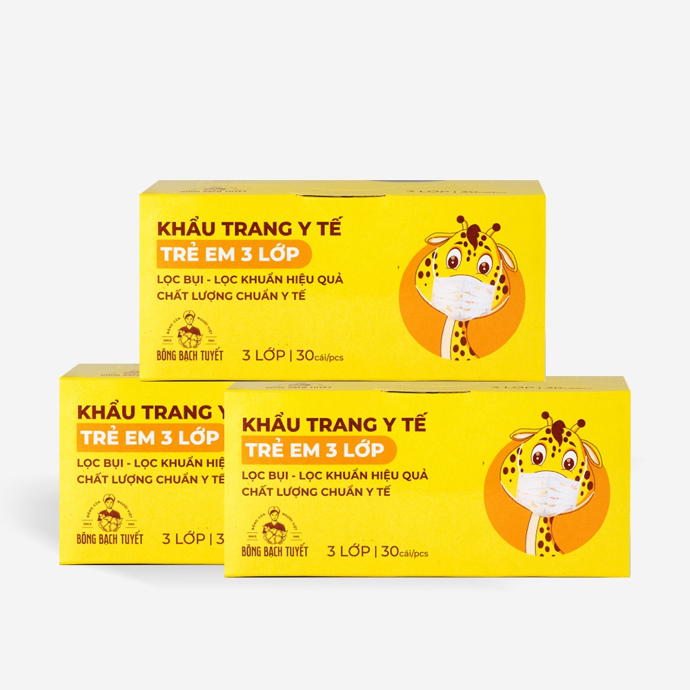 Combo 3 Hộp Khẩu trang Bông Bạch Tuyết Trẻ Em 3 lớp cho bé 6 -11 tuổi (30 cái/ hộp) (Trắng)