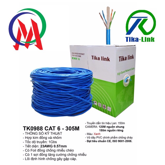 Thùng dây cáp mạng cat 6 bootroom 1 lớp bọc bác Tika-link 0988 dài 305m, tiết diện 0.57