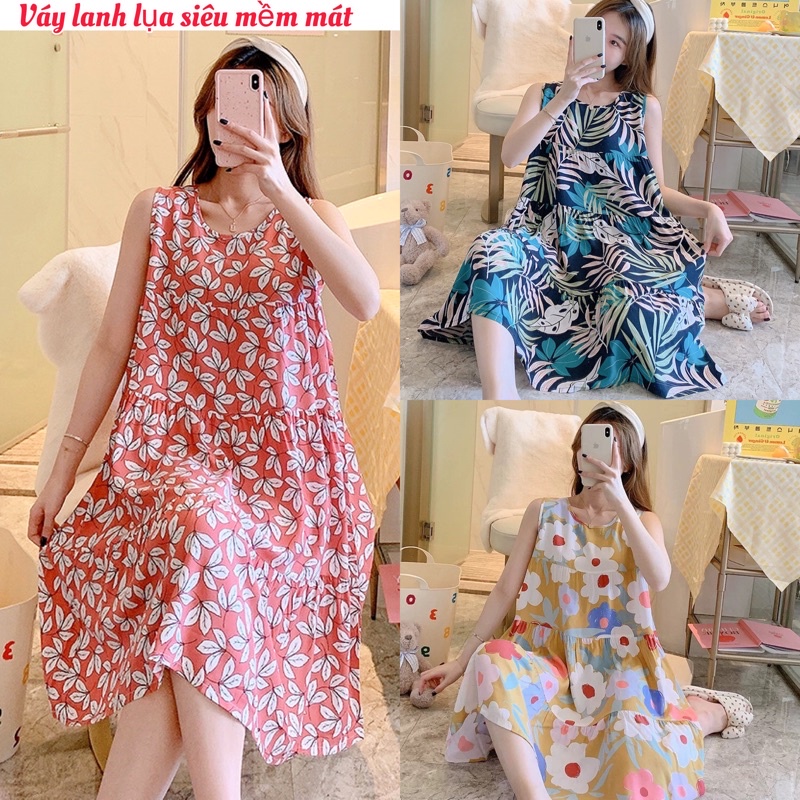 (Mới) Váy ngủ, váy bầu lanh lụa sát nách mềm mịn, nhẹ mát freesize rộng rãi