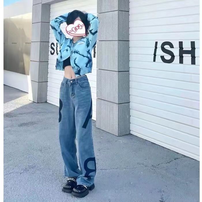 American street High Street AB style letter jeans women's summer loose high waist slimming straight wide leg mop pants trendy M5tV