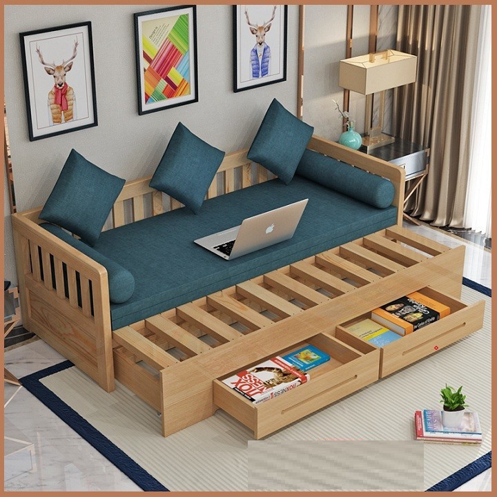 Sofa giường gỗ thông có ngăn kéo màu gỗ  + gối đệm - Ghế sofa