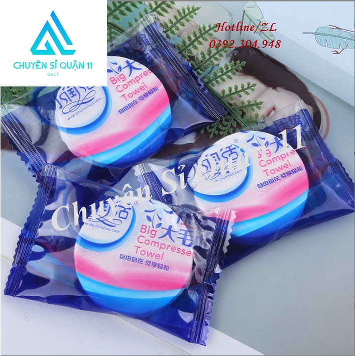 Khăn Du Lịch cotton dạng nén dùng 1 lần , Khăn Đa Năng Tự Nhiên Thấm Nước Tốt GD580-KtamN-xanh